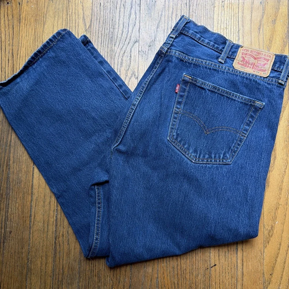 Levi's 505 Jeans Mens 44x30 Relaxed Fit Wide Leg Blue Medium/Dark Wash Levis EUC